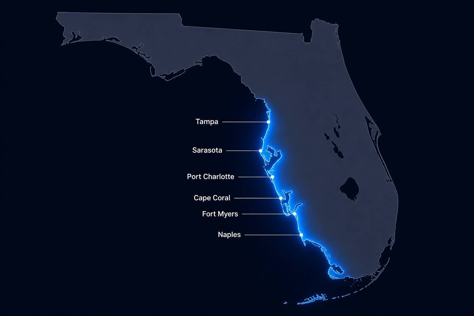 Florida map highlighting Horizon Roofing service area from Tampa to Naples along the Gulf Coast