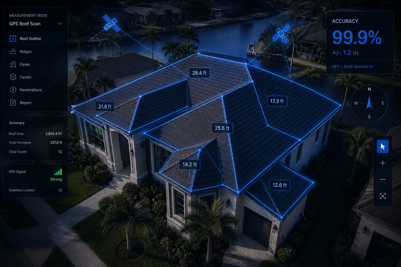 GPS roof measuring software overlaying precise measurements on a Florida home roof