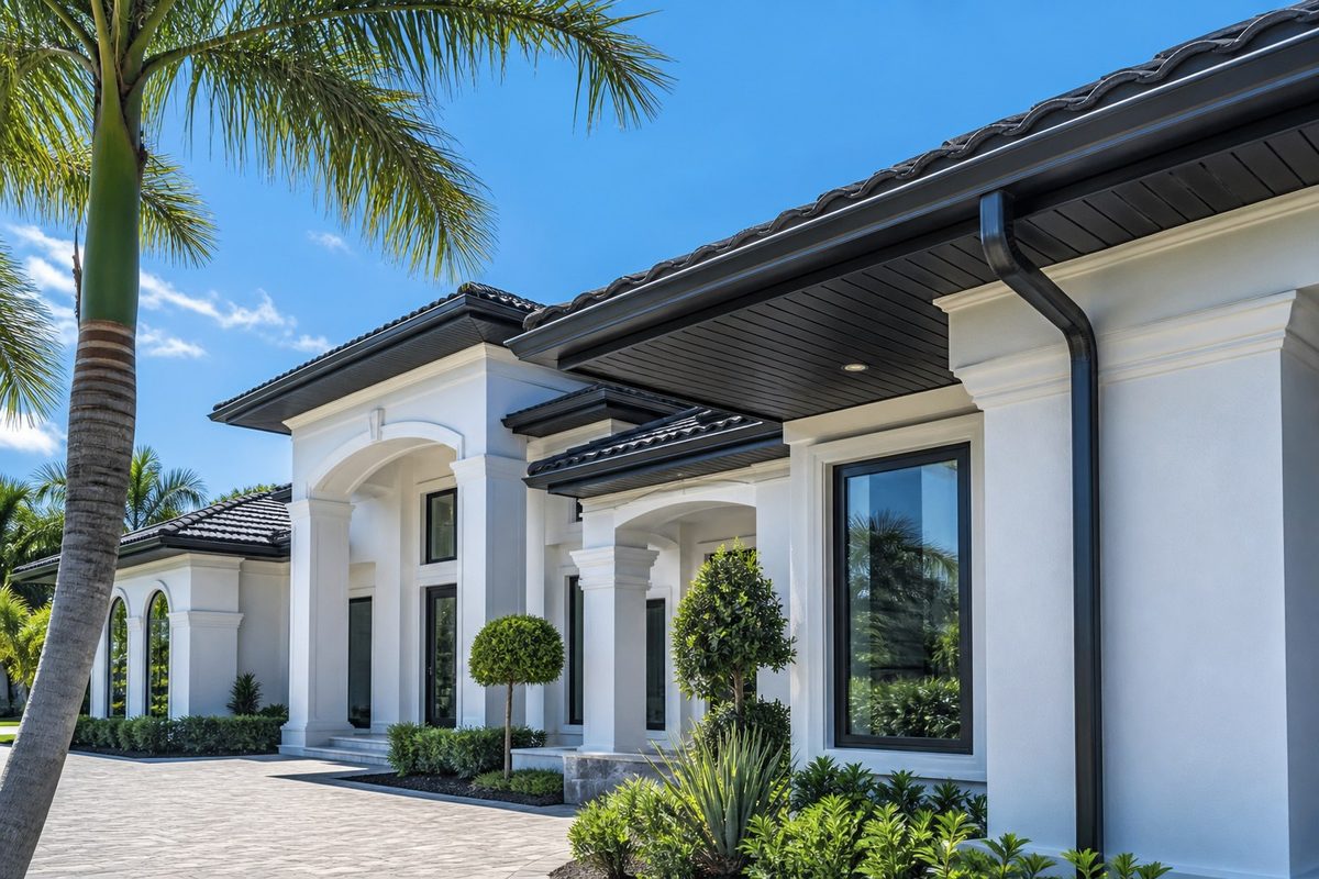 Black seamless gutters and soffit on an upscale Florida home — Horizon Roofing
