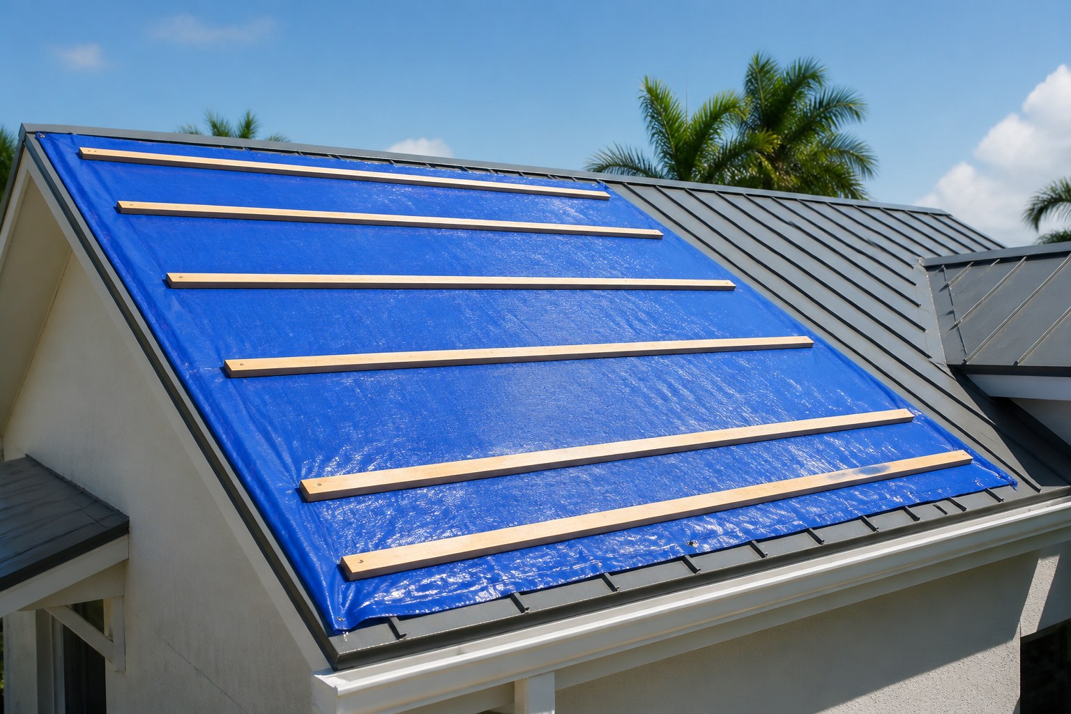 Tight battened emergency tarp on a standing-seam metal roof — Horizon Roofing Florida
