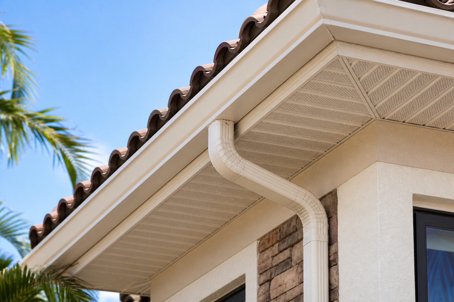 Seamless gutters and soffit detail on a Southwest Florida home
