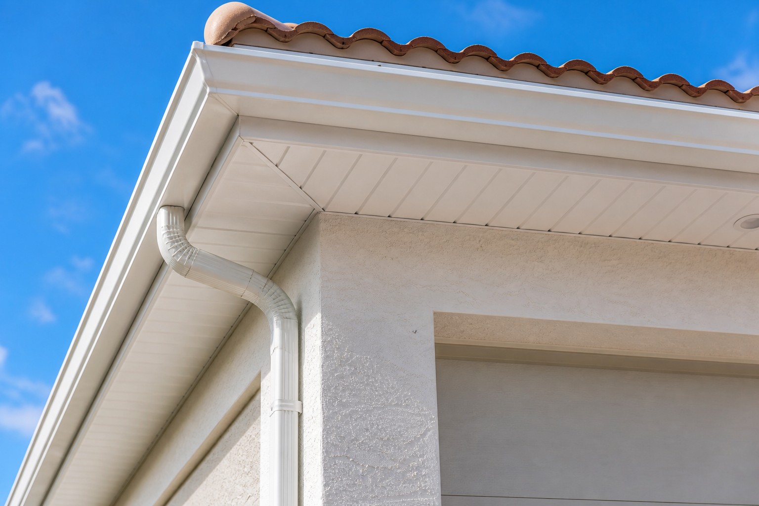Light seamless gutters and finished soffit on a Southwest Florida home — Horizon Roofing