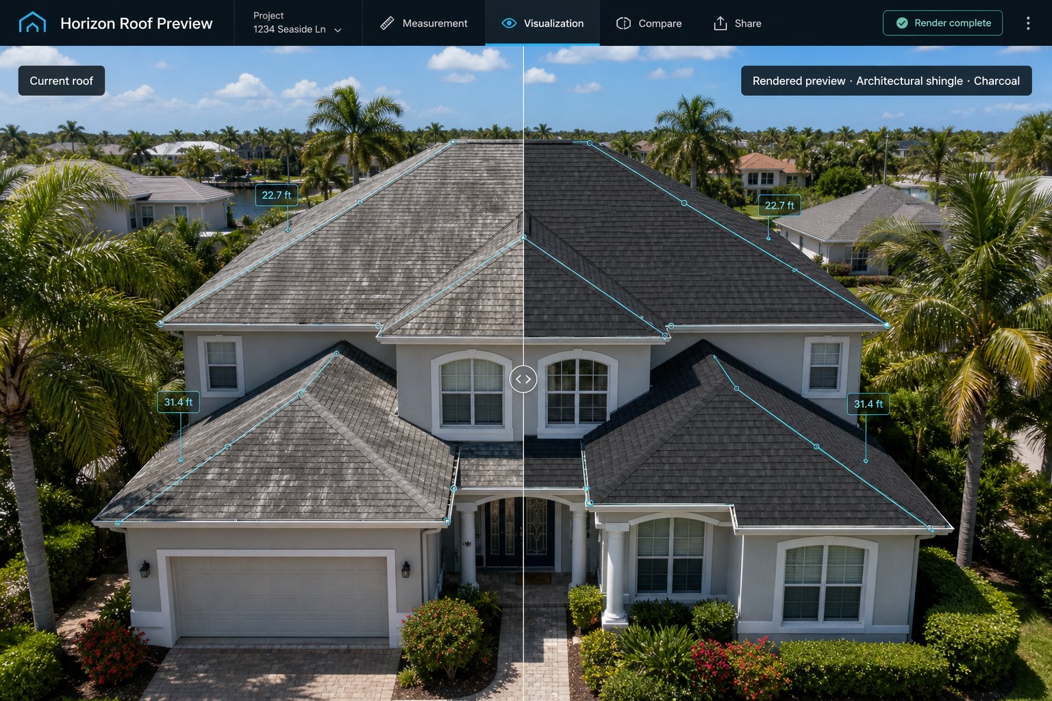 Horizon roof preview software comparing current weathered roof to rendered new charcoal architectural shingle